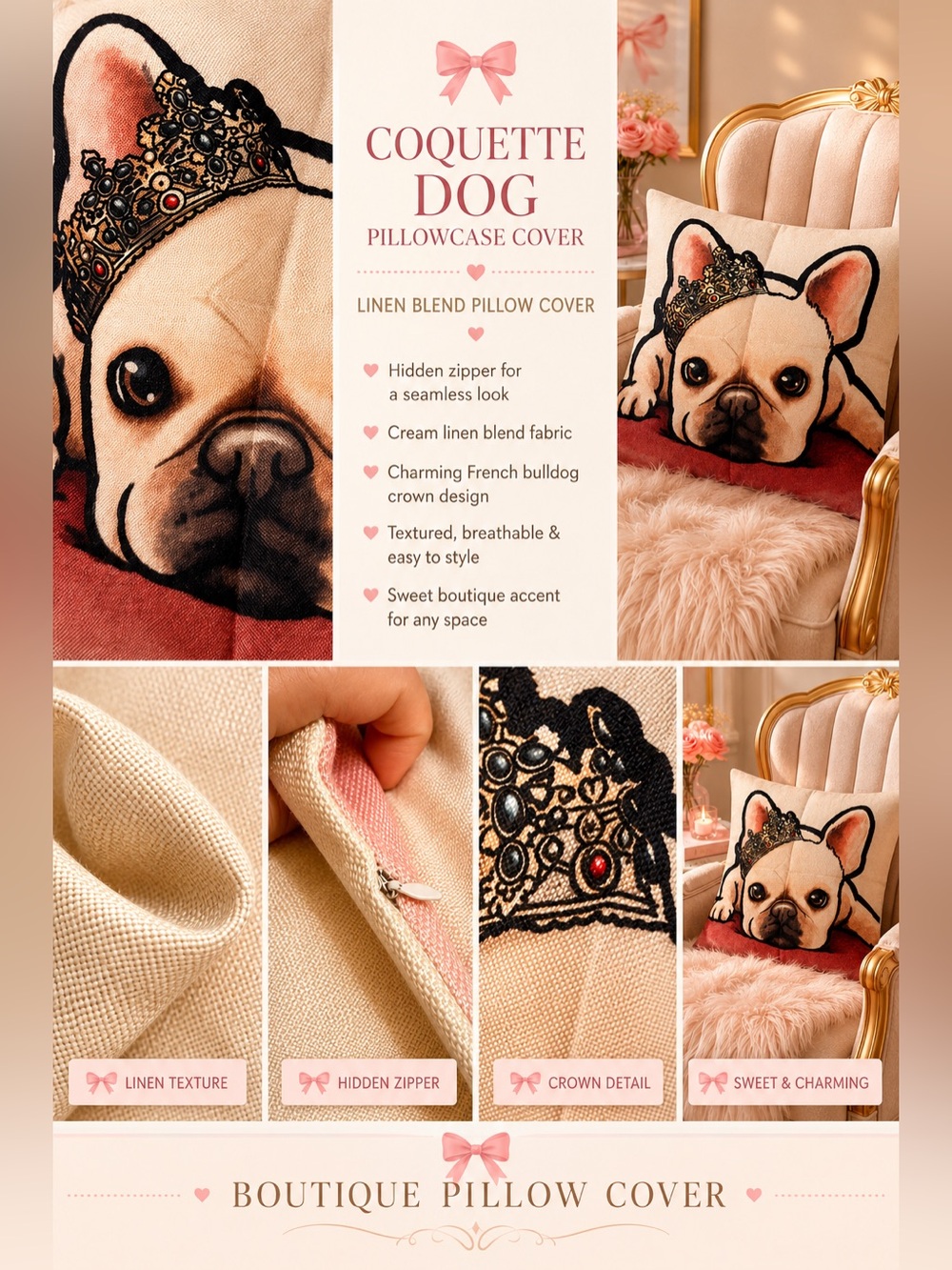 French Bulldog Crown Pillow Cover | Linen 18x18 | Cute Royal Dog Decor | Pink - Picture 2 of 10